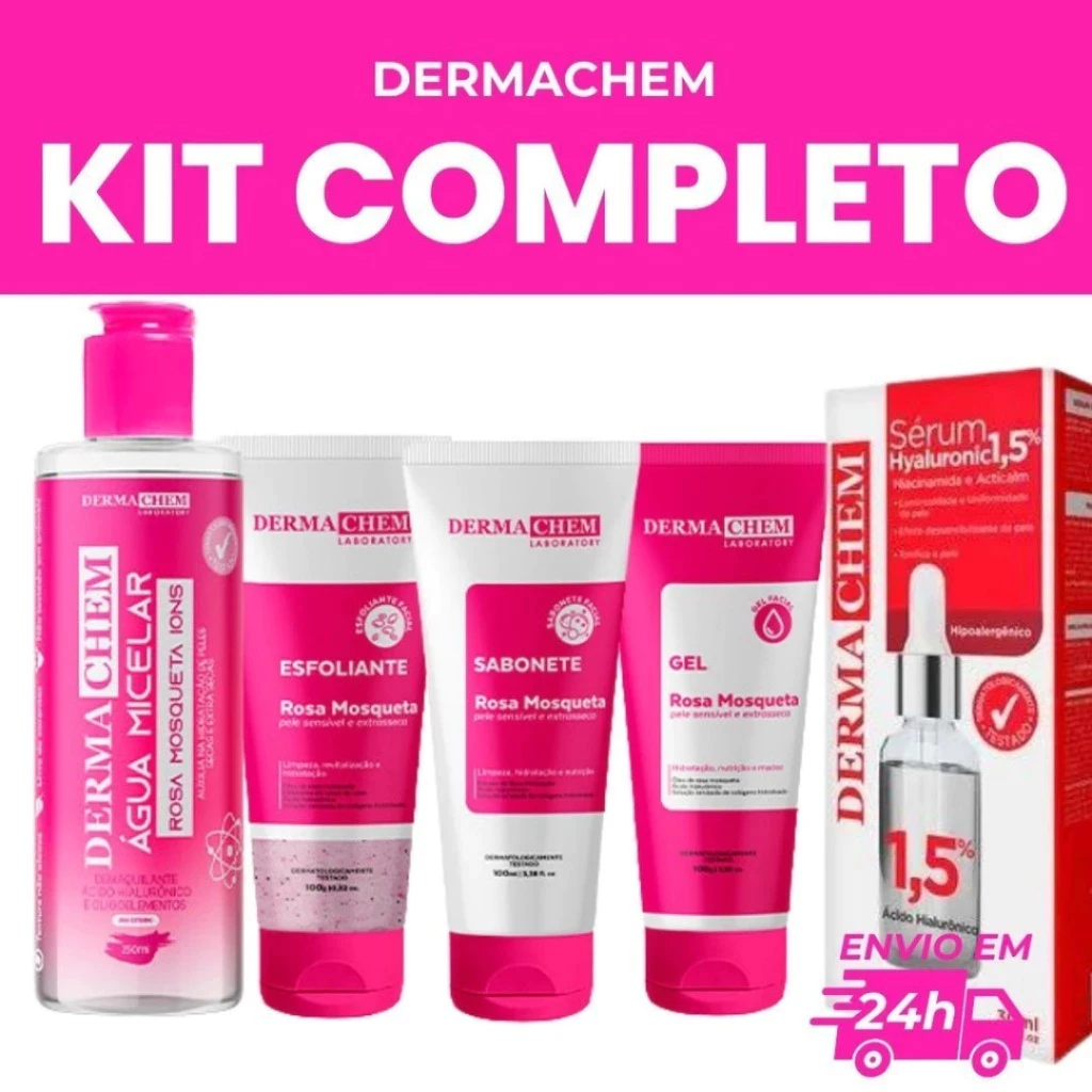 A composição detalhada e sensorial do kit skincare dermachem focado em clareamento