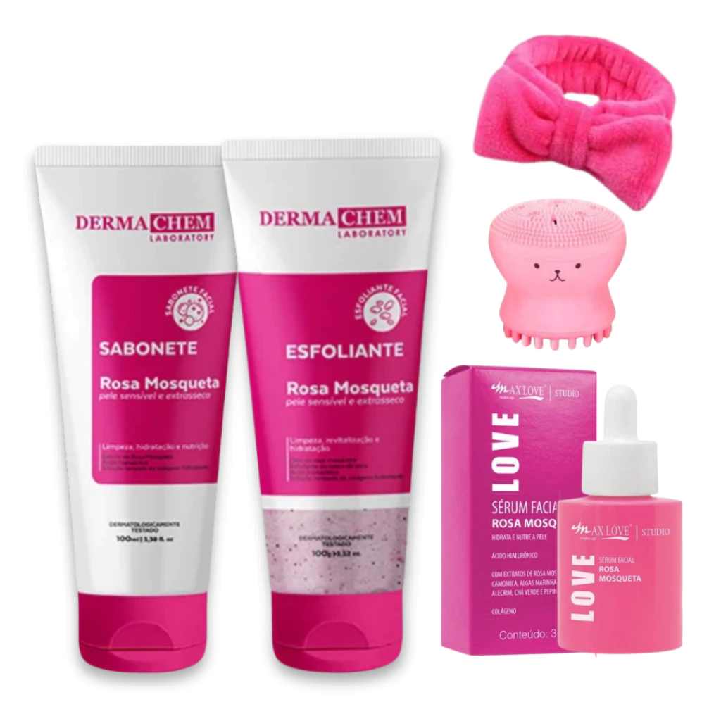 O clássico frasco do Sérum Rosa Mosqueta presente no kit sobre texturas naturais