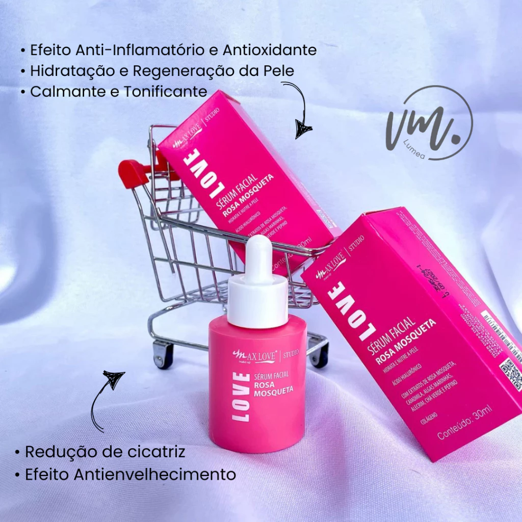 Detalhamento do pack de produtos espalhados apresentando o aspecto rico de hidratação rosa mosqueta